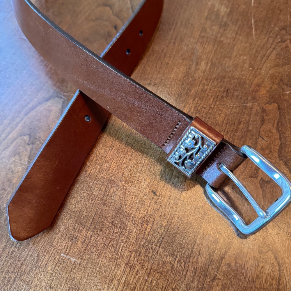 Brighton Belt Women M 30‎ Brown  Leather Silver Filigree Floral Western Classic